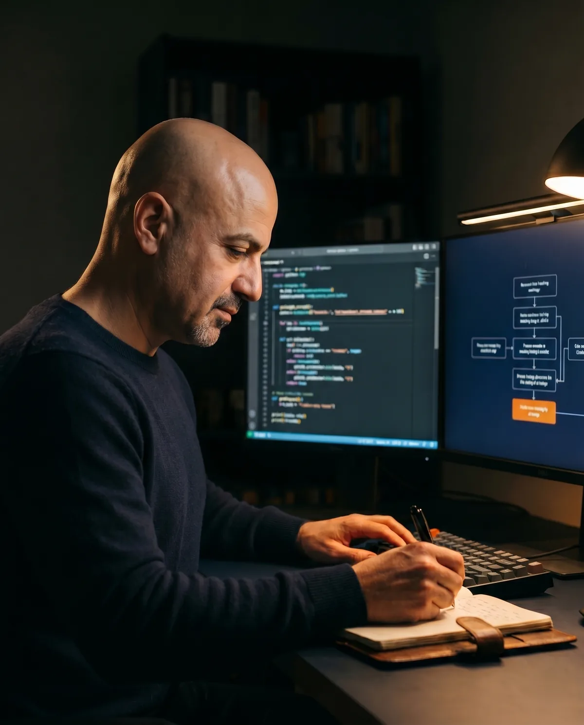 Ali at his desk reviewing strategy code on one monitor and a process flowchart on another